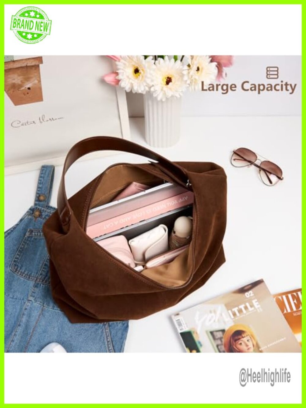Slouchy Tote Bag Faux Suede Leather Crescent Hobo Zipper Casual - Picture 2 of 6